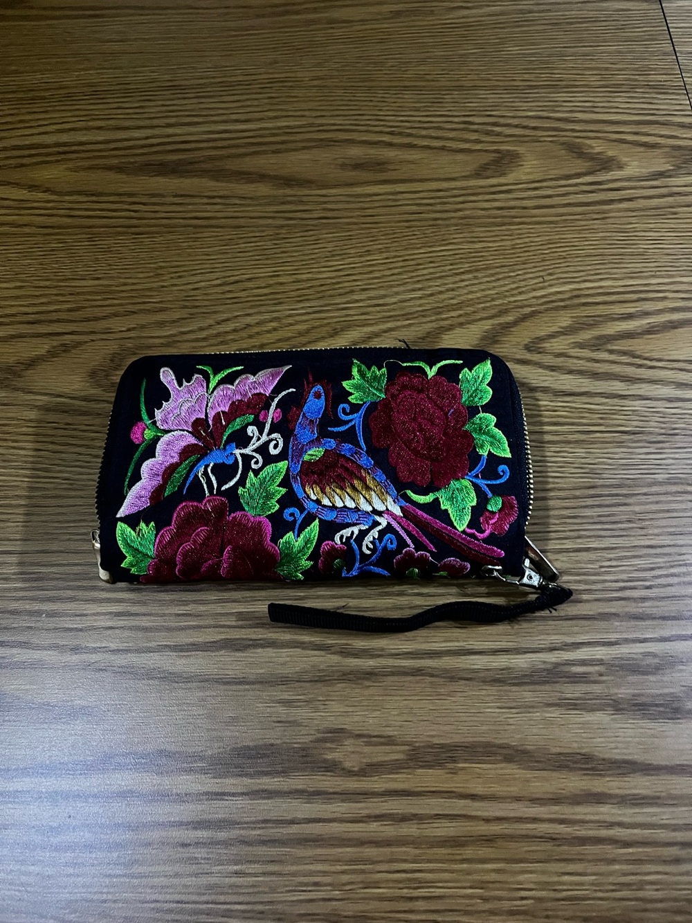Embroidered Floral & Bird Zip-Around Wristlet Wallet in Black